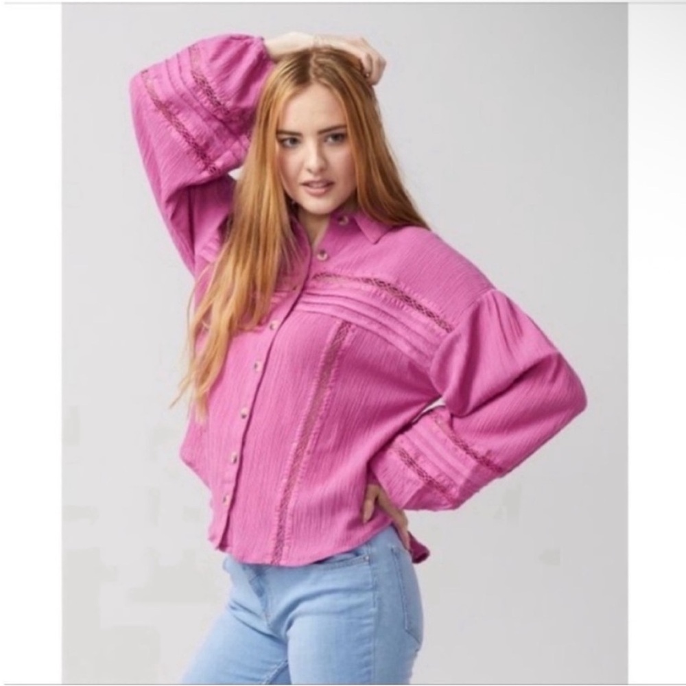 Free People Summer Stars shirt purple button up peasant crochet long sleeves
